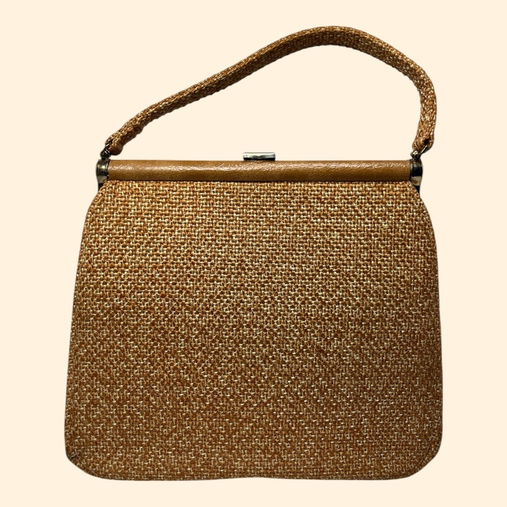 1960s JR USA Vintage Tan Woven Handbag with Leather Trim and Coin Purse